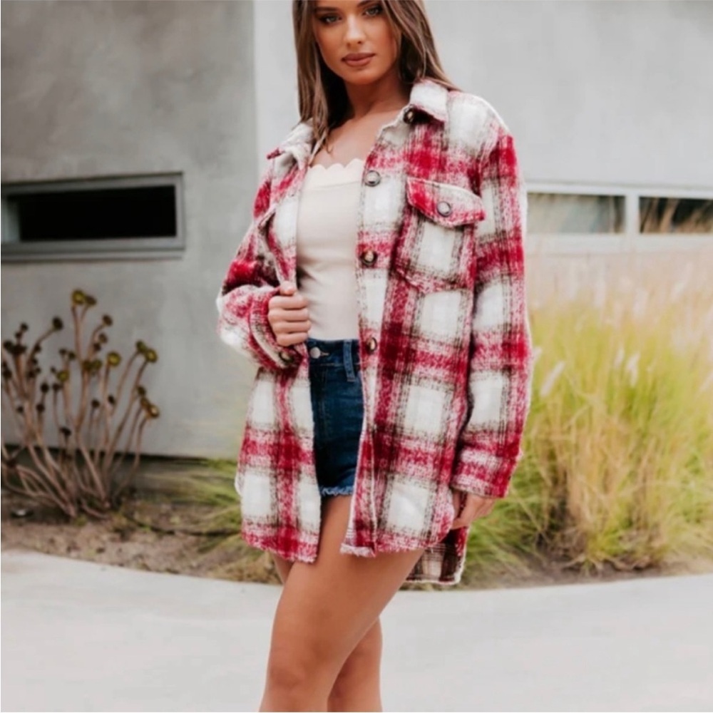 Bagatelle Collection Red White Black Plaid Oversized Shacket Jacket Utility Long